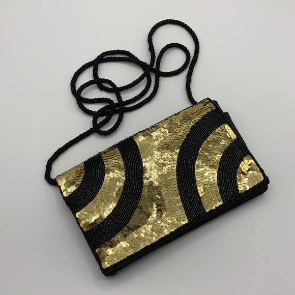 Handbags - Vintage Gold & Black Sequin Small Mini Purse